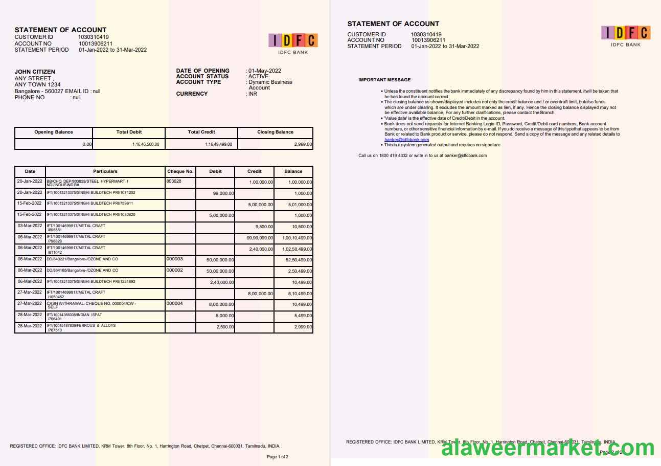 India IDFC bank statement 2 pages, new version